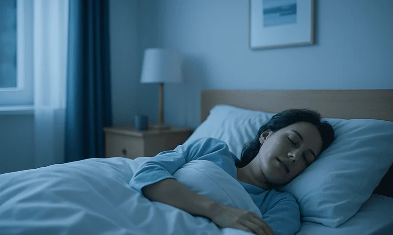 Woman sleeping peacefully in a dark bedroom with blue lighting.
