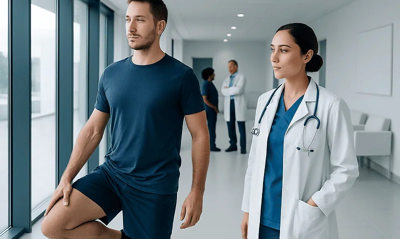 Doctor examining a patient stretching his quadriceps muscle in a hospital corridor.