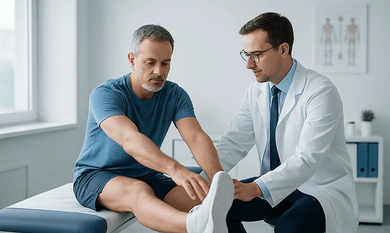Doctor examining patient's leg for hamstring flexibility assessment.