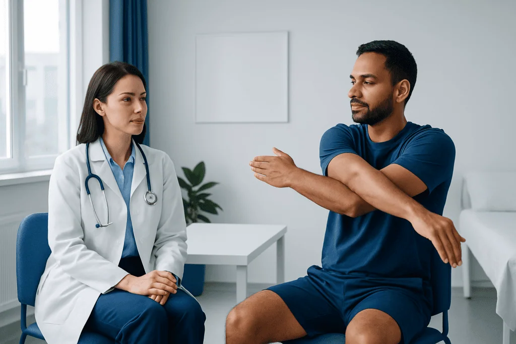 Doctor examining a patient's shoulder in a clinical setting.