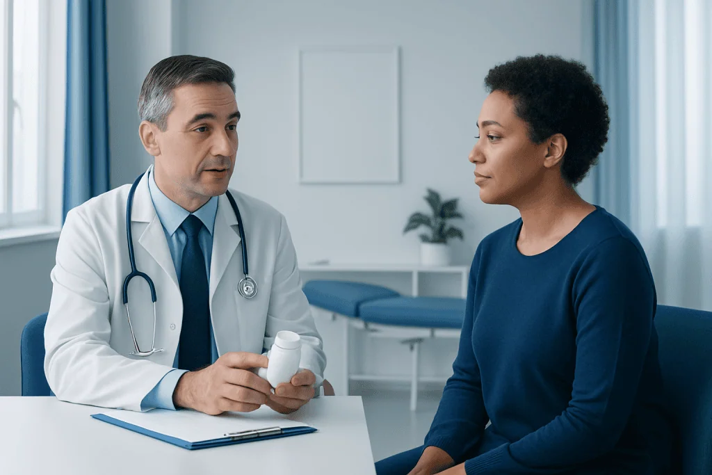 Doctor explaining medication to a patient in a clinical setting.