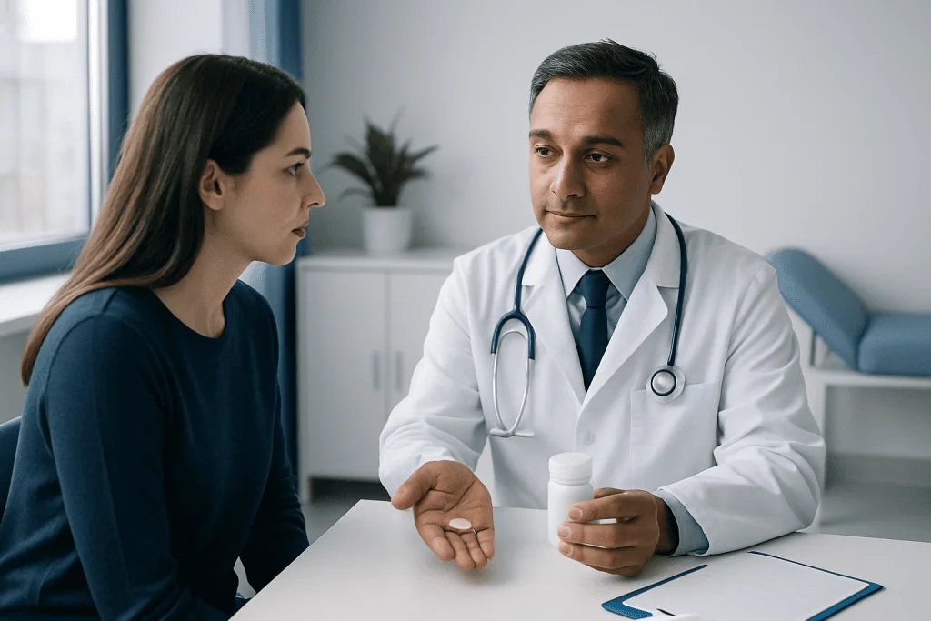 Doctor consulting with a patient in a medical office setting.