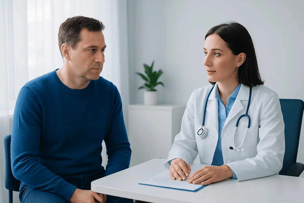 Doctor consulting with male patient in a medical office setting.