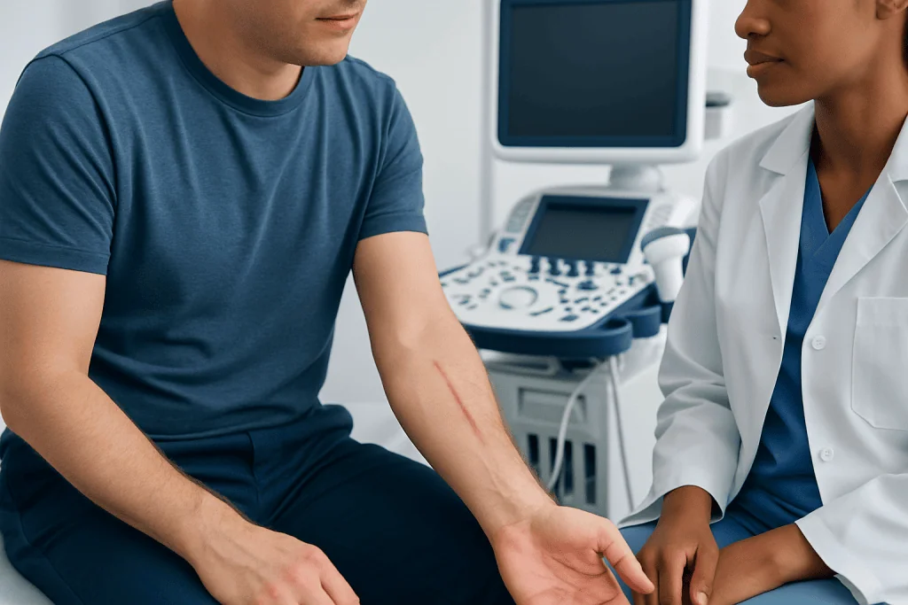 Medical professional examines a patient's arm with a scratch mark in a clinical setting.