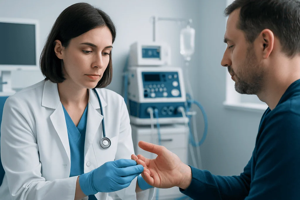 Doctor examining patient's fingertip in medical clinic.