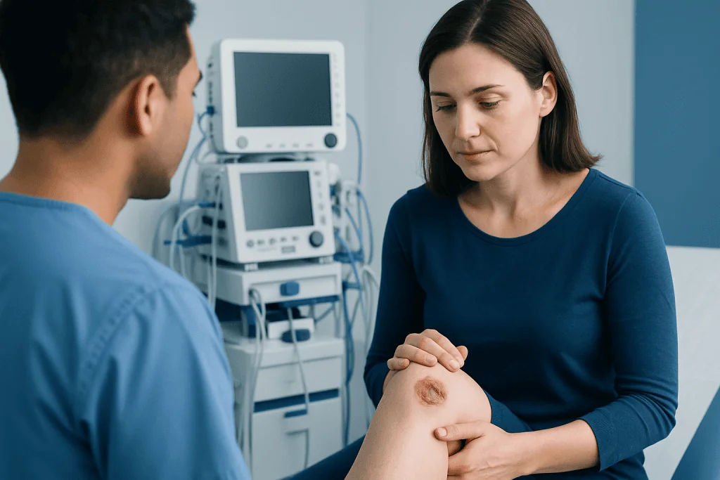 Doctor examining patient's knee in a medical clinic setting.