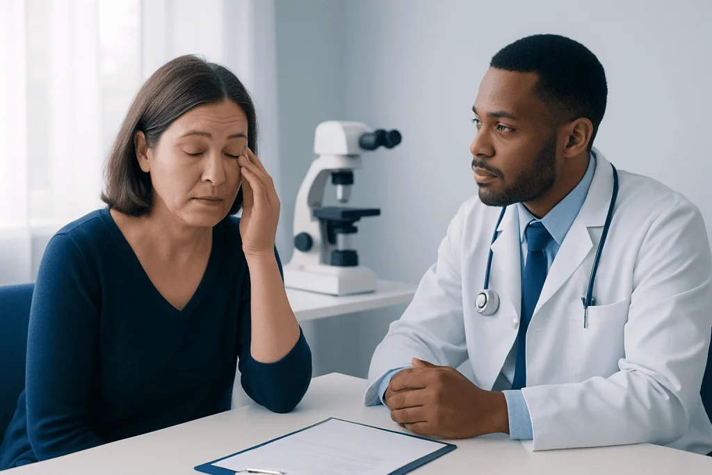 Patient consulting with doctor about eye health in clinic setting.