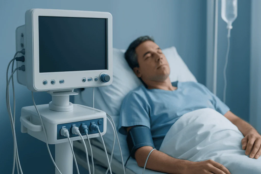 Patient resting in hospital bed connected to medical monitoring equipment.