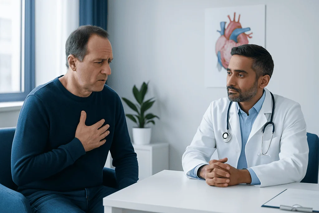 Doctor examining a patient with chest discomfort in a medical office.