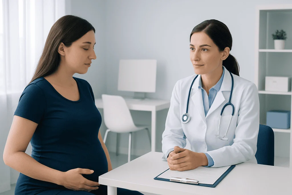 Pregnant woman consulting with doctor in a medical office.