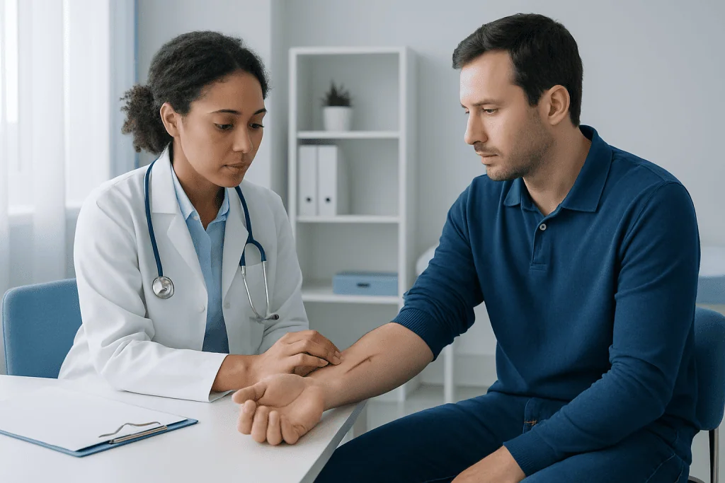 Doctor examining patient's arm in a medical consultation at Acibadem Hospital.