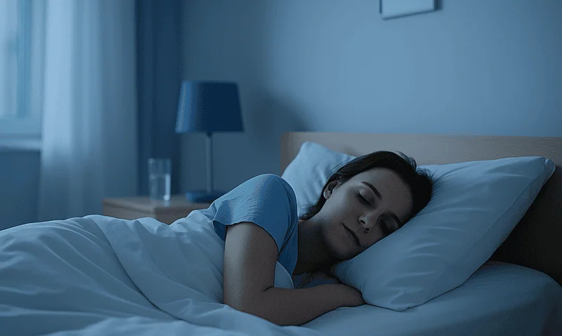 Woman sleeping peacefully in a dark bedroom with a blue lamp.