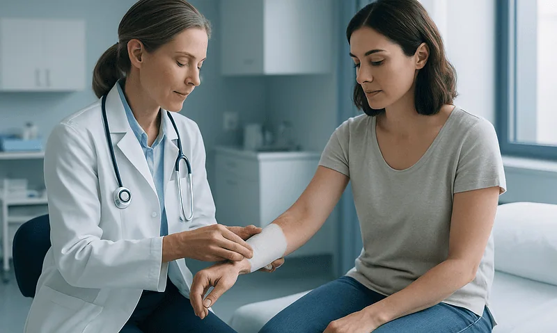 Doctor applying bandage to patient's arm in medical clinic.