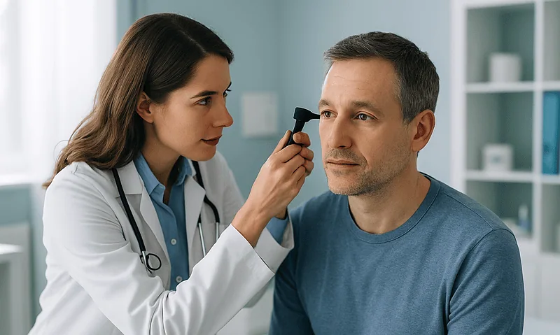 ENT specialist examining patient's ear with otoscope in clinic.