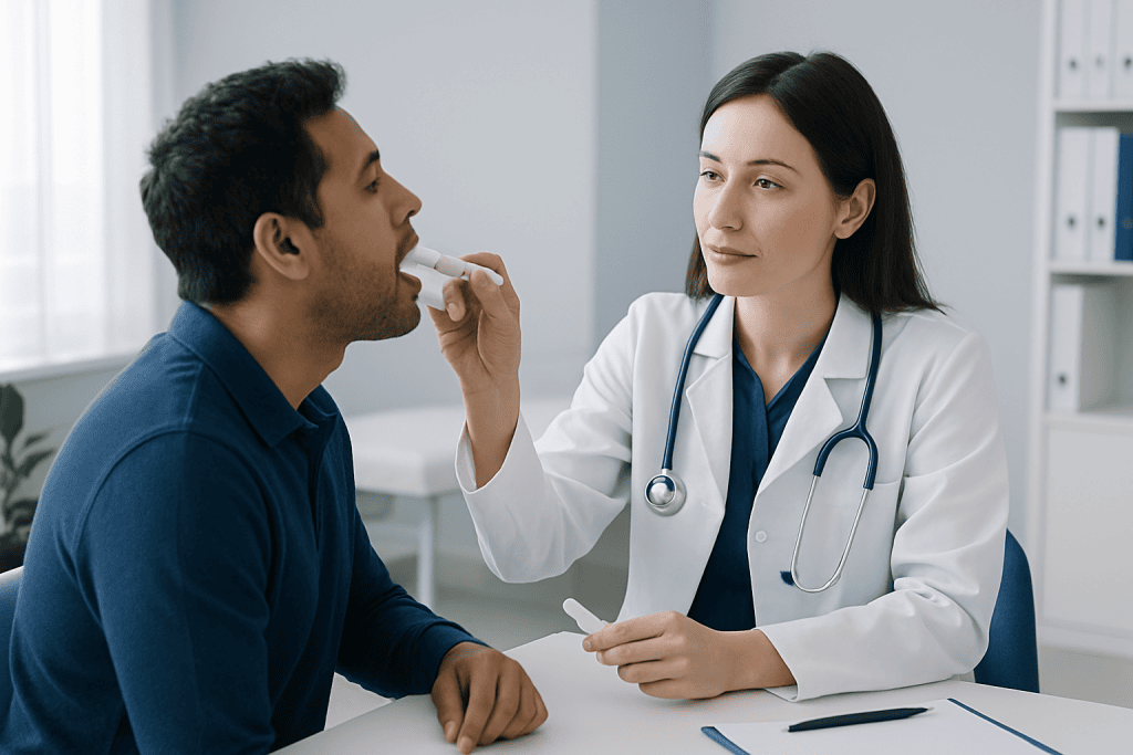 Doctor examines patient's mouth for oral health issues at Acibadem Hospital.