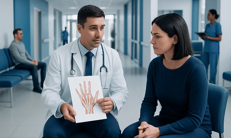 Doctor explaining hand anatomy to patient in hospital corridor.