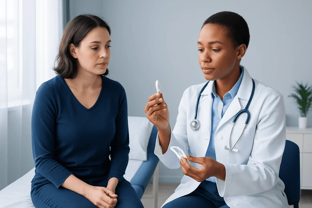 Doctor explaining medication to patient in a clinical setting.