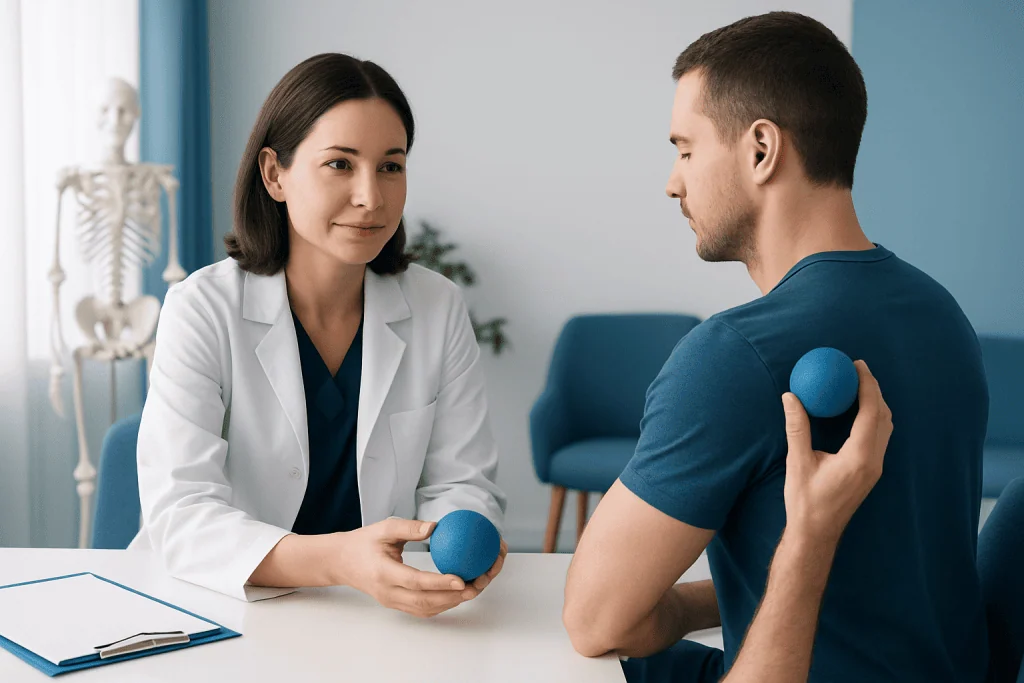 Physical therapy session with a healthcare professional and patient using a lacrosse ball.