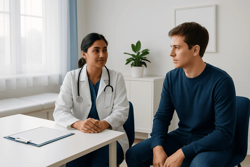 Doctor consulting with a young male patient in a medical office.