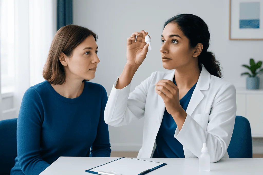 Doctor explaining eye drops to patient in a clinical setting.