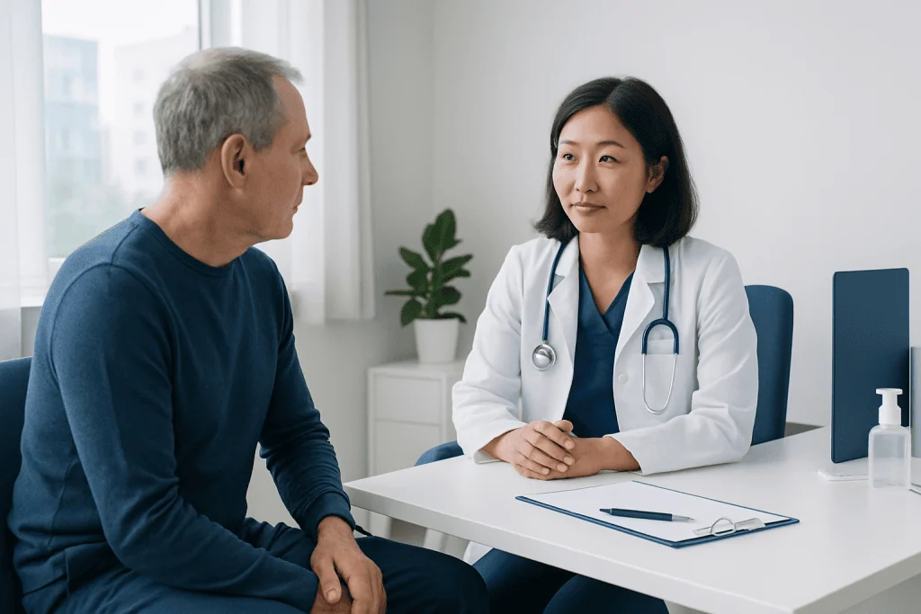 Doctor consulting with an elderly male patient in a modern hospital office.