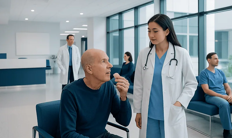 Patient talking to doctor in hospital corridor with other staff in background.