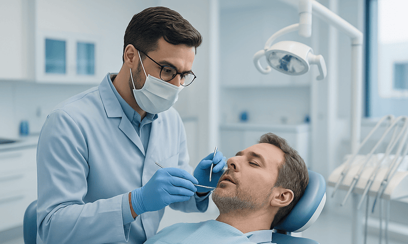 Dentist performing dental examination on patient in clinic.