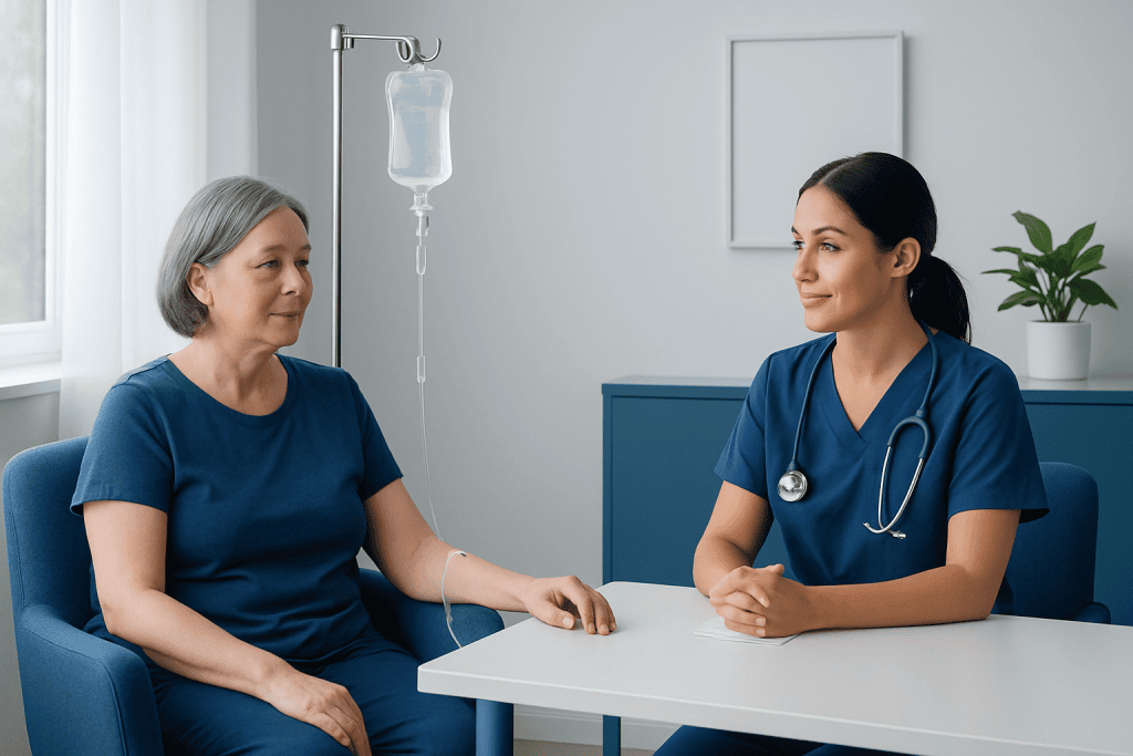 Patient receiving intravenous medication in a hospital room.