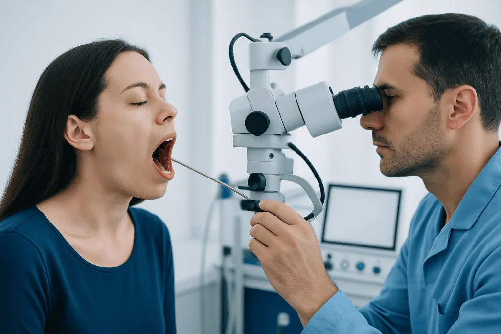 ENT specialist examines throat with a microscope during a consultation.