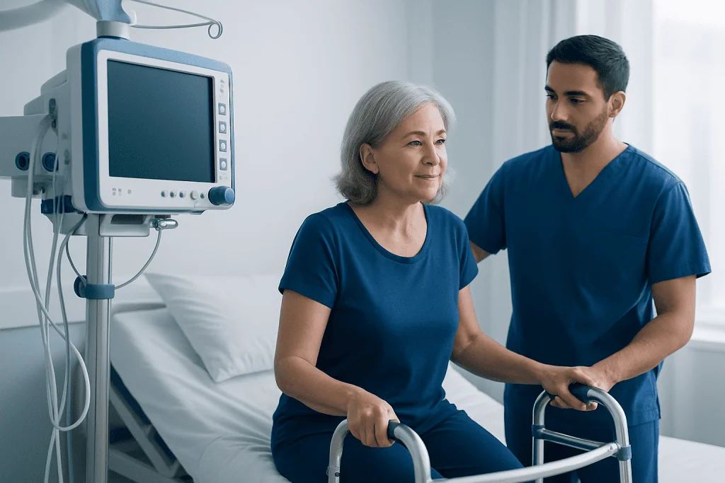 Elderly woman in hospital with healthcare professional after hip replacement.