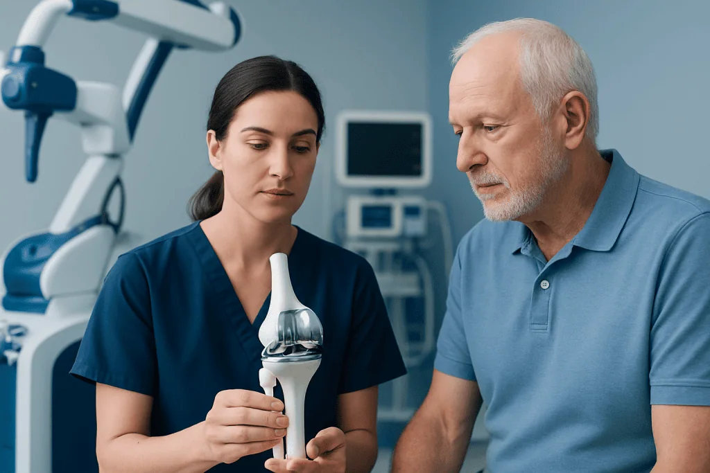 Orthopedic specialist explaining knee replacement model to patient in clinic.