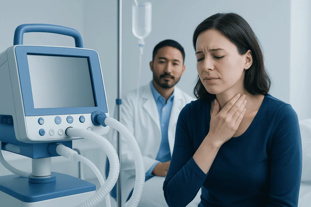 Patient experiencing throat discomfort during medical examination at Acibadem Hospital.
