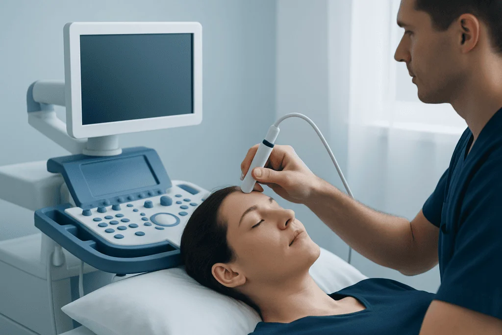 Medical professional performing transcranial ultrasound on patient in hospital.