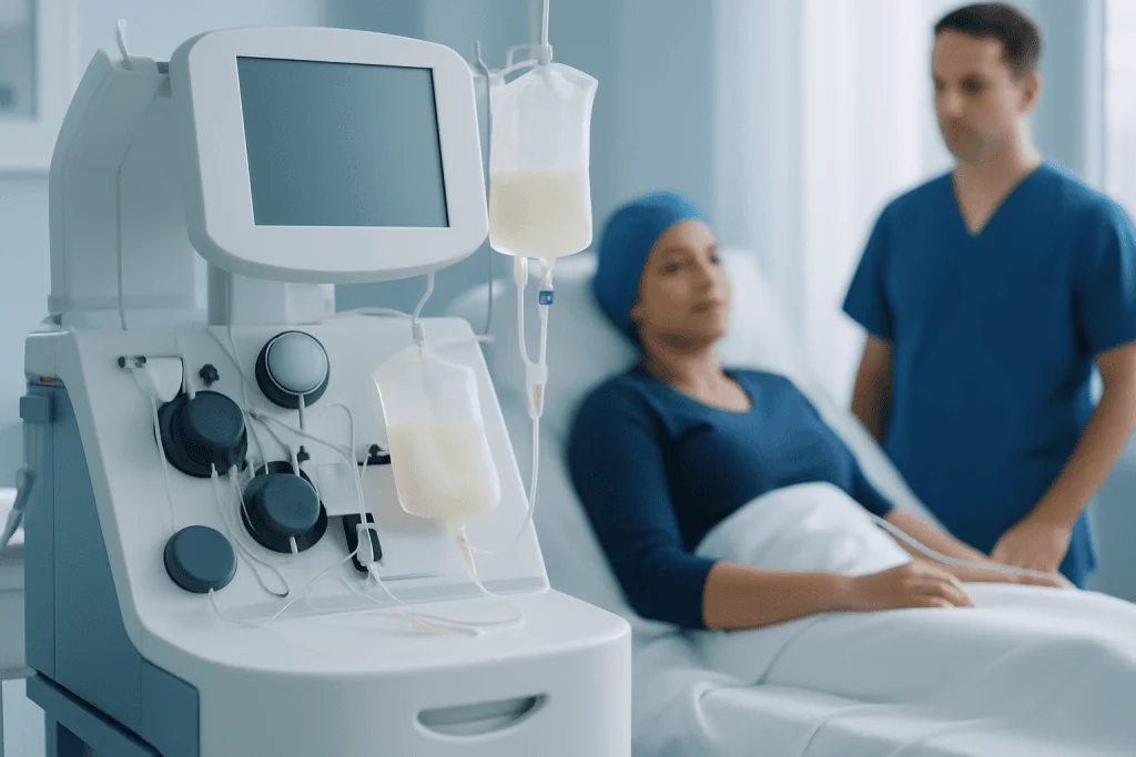 Medical dialysis machine in hospital room with patient and healthcare professional.