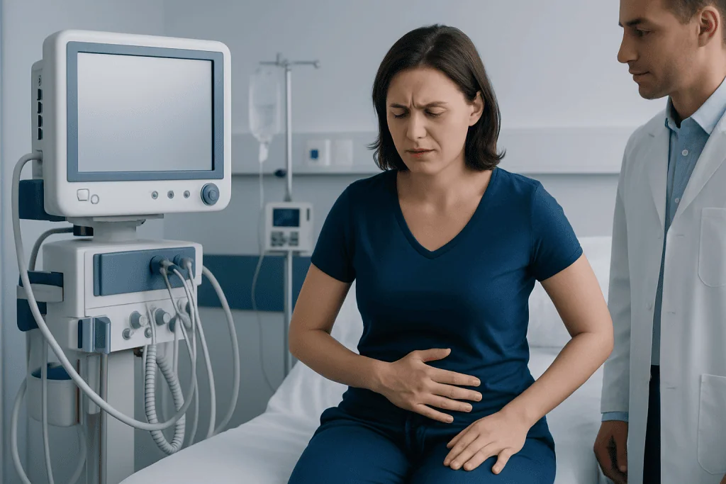 Woman experiencing abdominal pain in a hospital setting with medical equipment nearby.