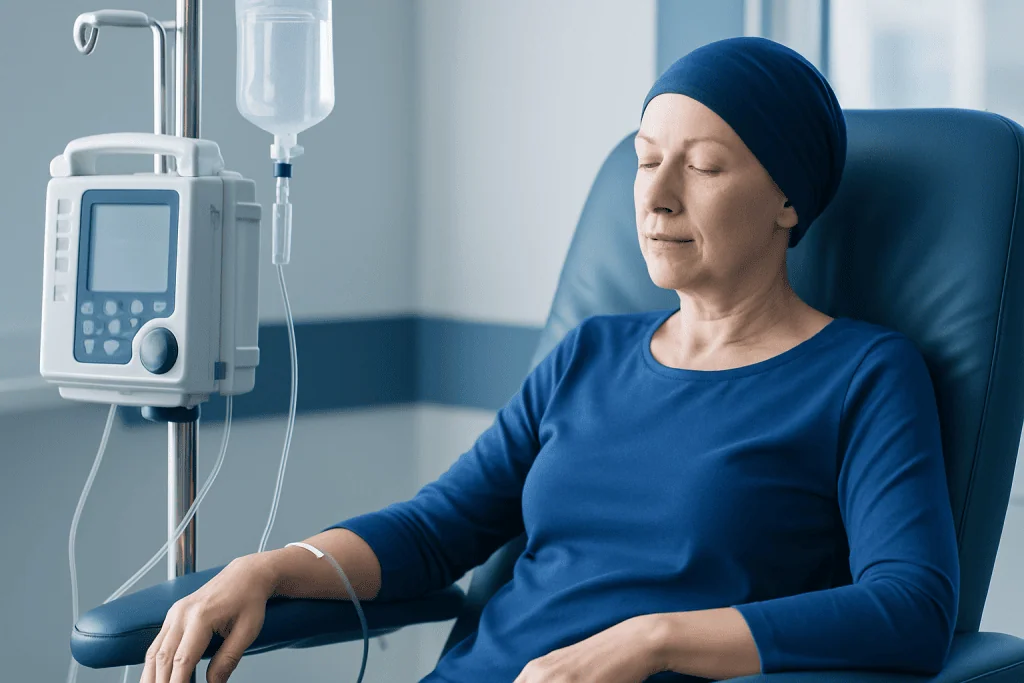 Woman receiving chemotherapy treatment in a hospital setting.