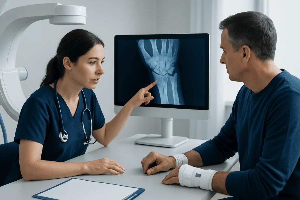 Doctor explains wrist X-ray to patient in a medical consultation room.