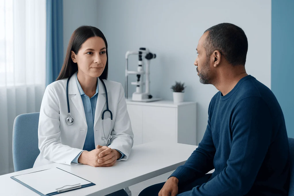 Doctor consulting patient in a modern medical office setting.