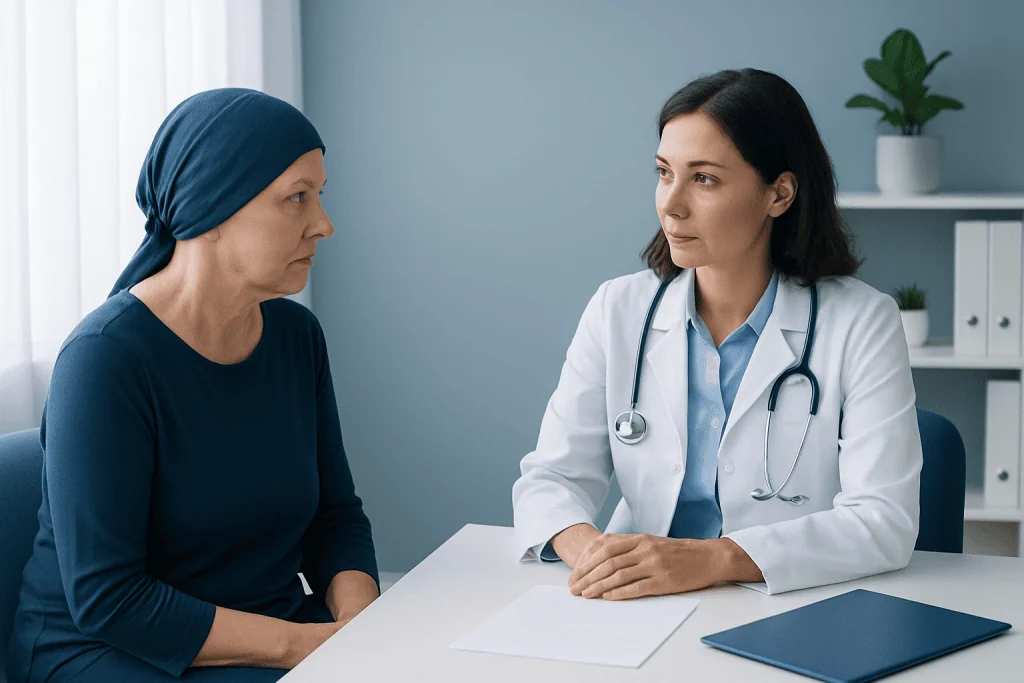 Doctor consulting with a patient about ovarian cancer treatment side effects.