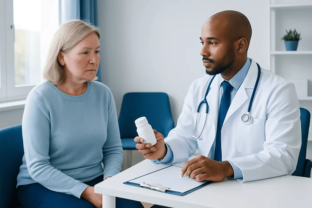 Doctor explaining medication to an elderly woman in a consultation room.