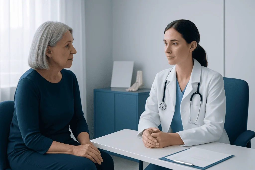 Doctor consulting with an elderly patient in a medical office.