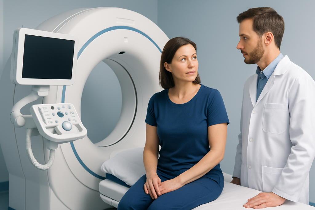 Medical professional explaining MRI scan to patient in hospital setting.
