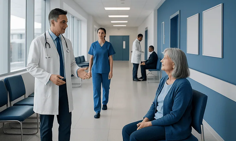Doctor consulting elderly patient in hospital corridor with medical staff in background.