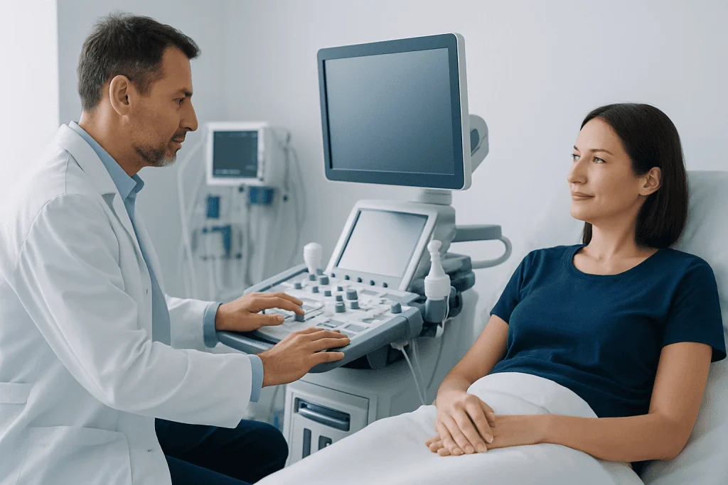 Doctor performing an ultrasound examination on a patient in a hospital room.