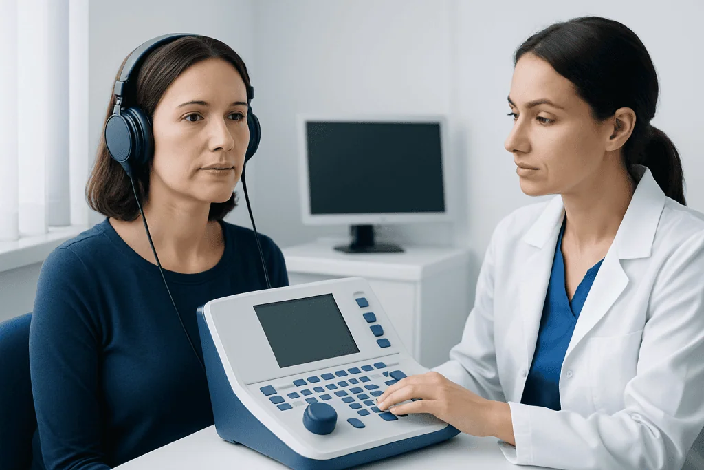Audiologist conducts auditory processing test on patient in clinic.