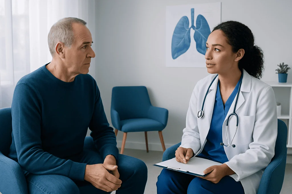 Doctor consulting with a patient in a medical office with lung diagram.