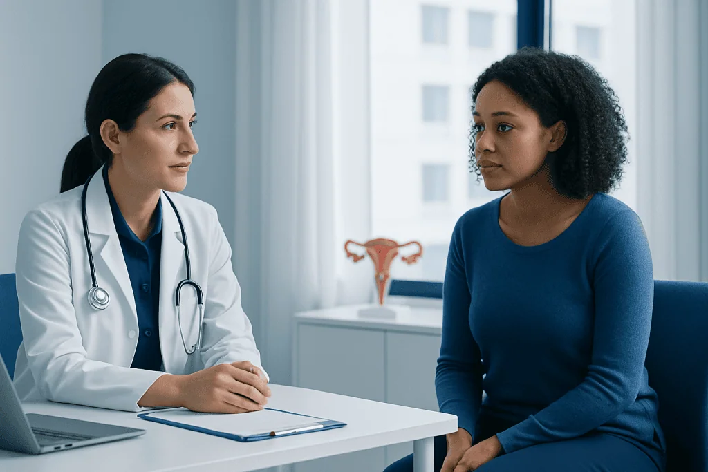 Doctor consulting with a patient in a medical office setting.