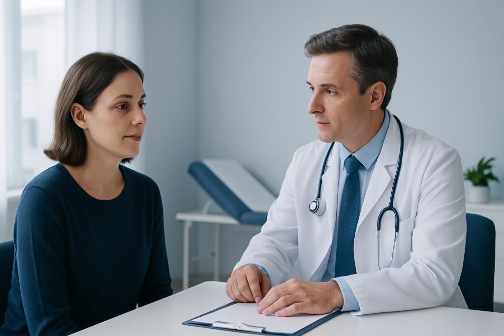 Doctor consulting with a female patient in a medical office.