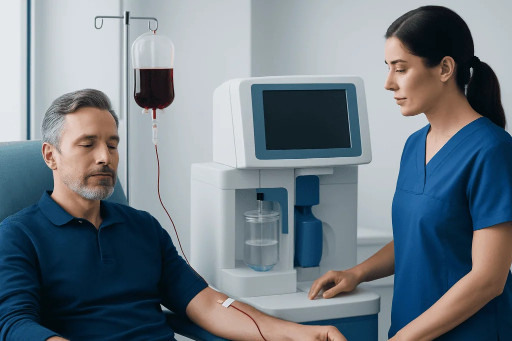 Patient receiving blood treatment in a hospital setting with medical staff present.