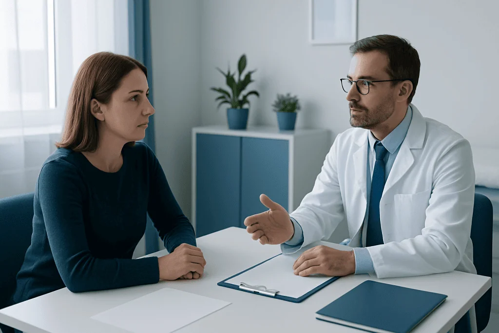 Doctor consulting with a young woman in a medical office setting.